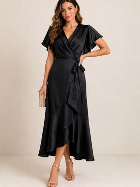 DKNY Black Satin Wrap Midi Dress Flutter Sleeve Formal Dress Size 10